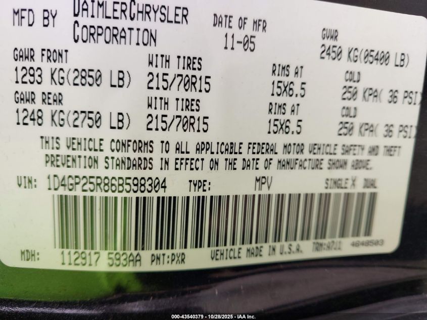 2006 Dodge Caravan Se VIN: 1D4GP25R86B598304 Lot: 43540379