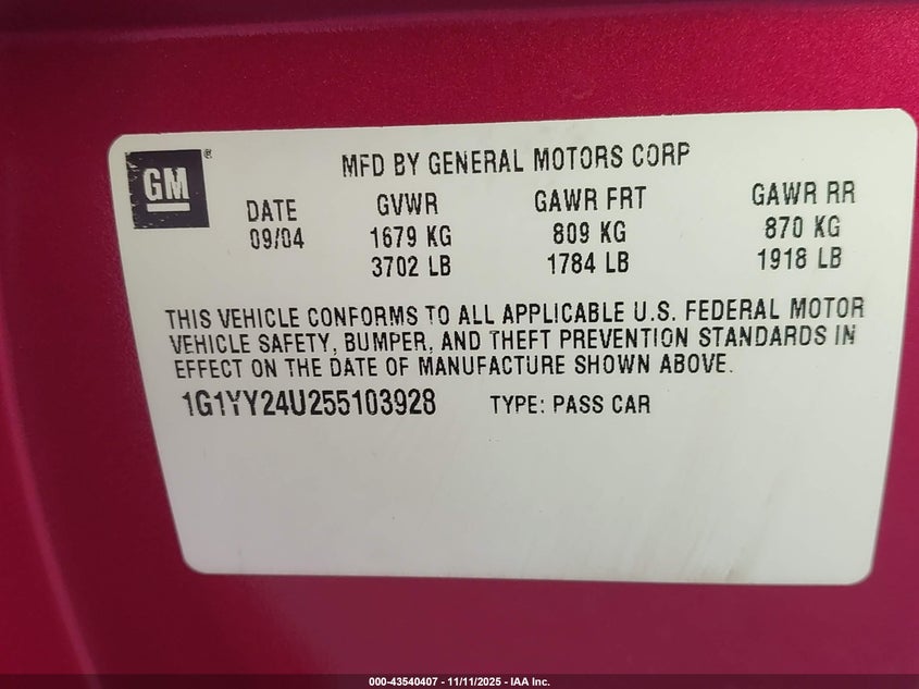 2005 Chevrolet Corvette VIN: 1G1YY24U255103928 Lot: 43540407