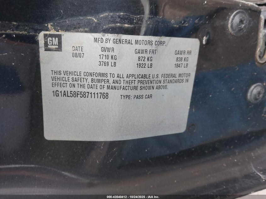 2008 Chevrolet Cobalt Lt VIN: 1G1AL58F587111768 Lot: 43540412