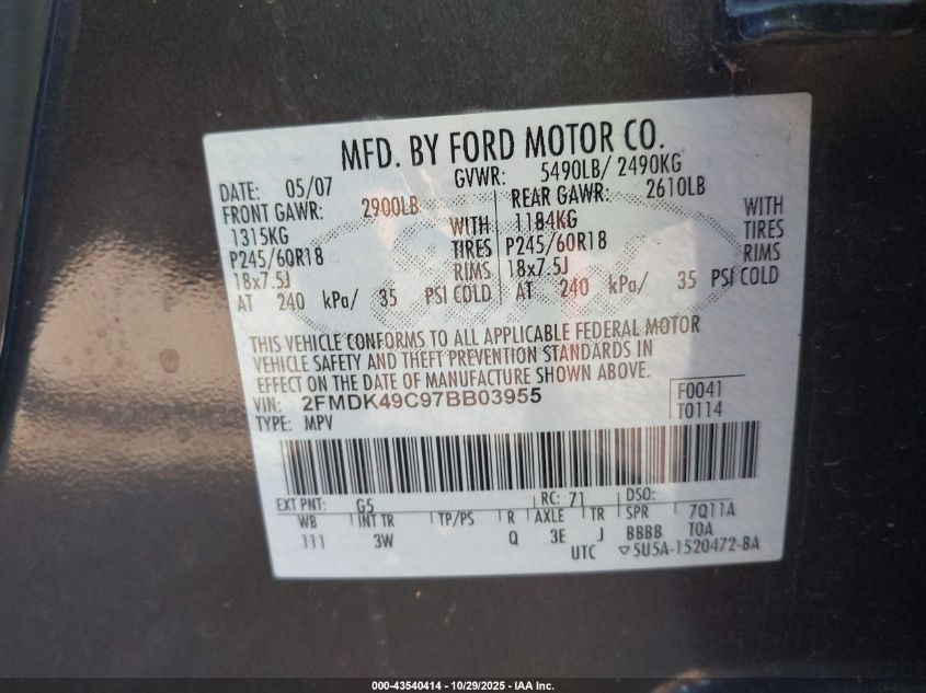 2007 Ford Edge Sel Plus VIN: 2FMDK49C97BB03955 Lot: 43540414