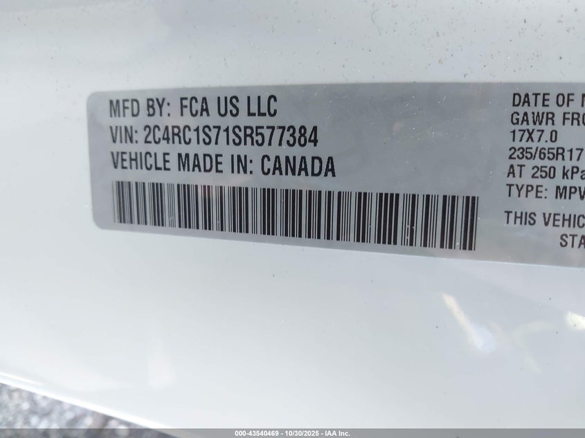 2025 Chrysler Pacifica Hybrid Select VIN: 2C4RC1S71SR577384 Lot: 43540469