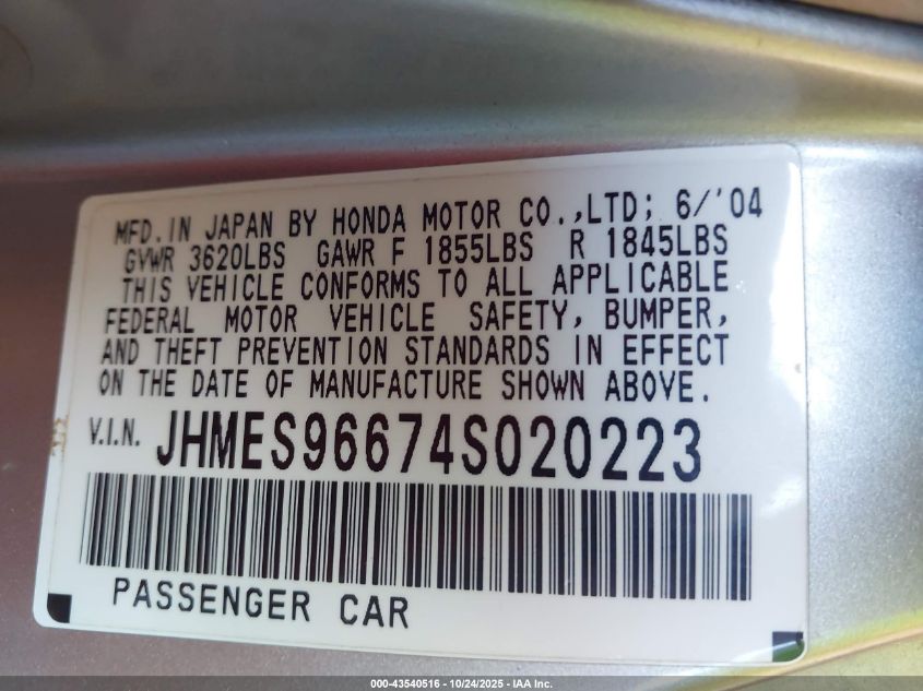 2004 Honda Civic Hybrid VIN: JHMES96674S020223 Lot: 43540516