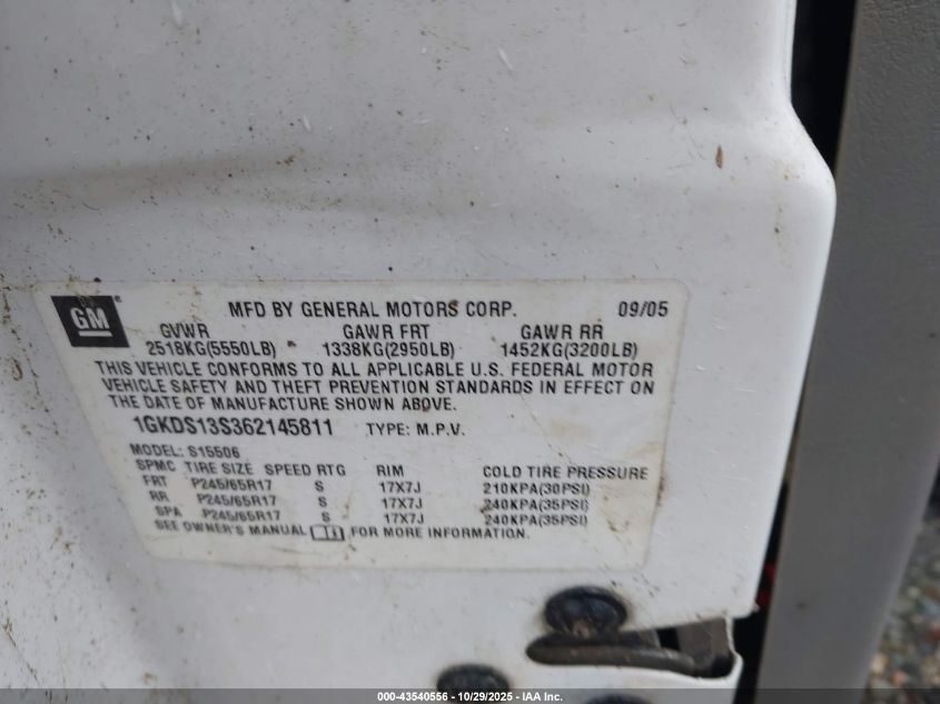 2006 GMC Envoy Slt VIN: 1GKDS13S362145811 Lot: 43540556