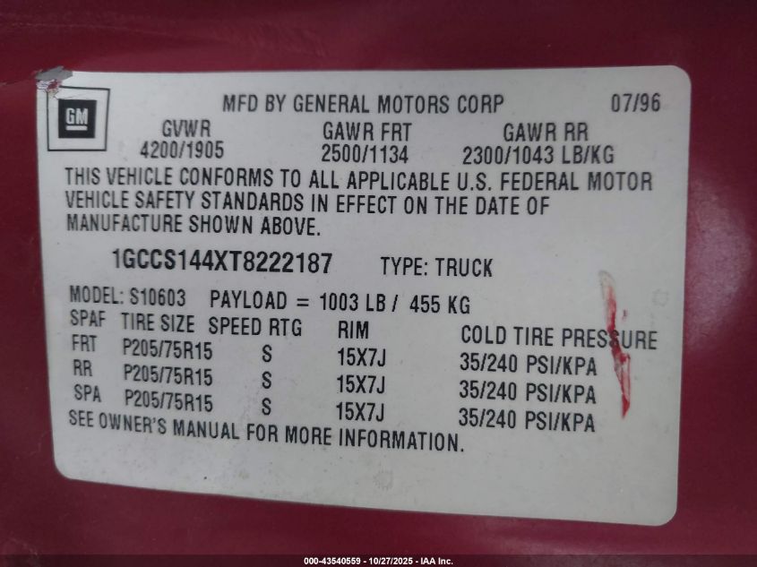 1996 Chevrolet S Truck S10 VIN: 1GCCS144XT8222187 Lot: 43540559