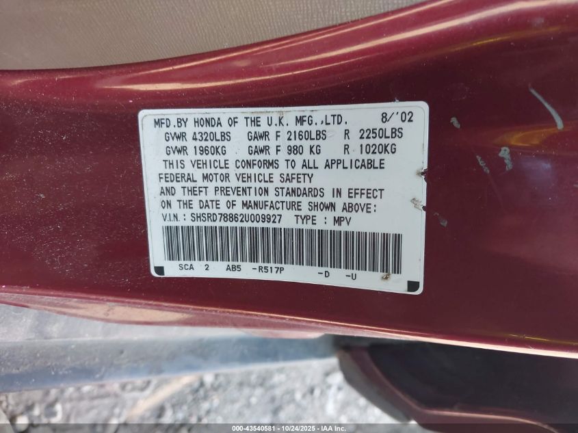 SHSRD78862U009927 2002 HONDA CR-V photo no. 9