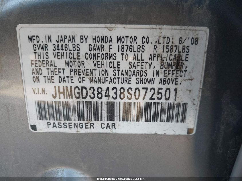 2008 Honda Fit VIN: JHMGD38438S072501 Lot: 43540587