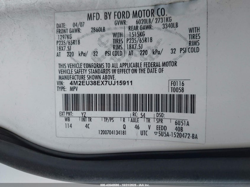 4M2EU38EX7UJ15911 2007 MERCURY MOUNTAINEER photo no. 9