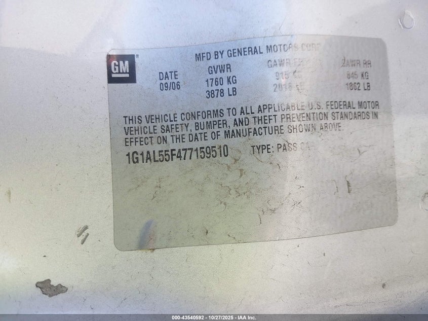 2007 Chevrolet Cobalt Lt VIN: 1G1AL55F477159510 Lot: 43540592