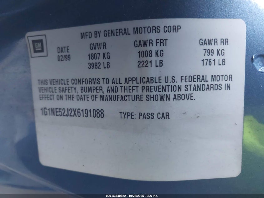 1999 Chevrolet Malibu Ls VIN: 1G1NE52J2X6191088 Lot: 43540622
