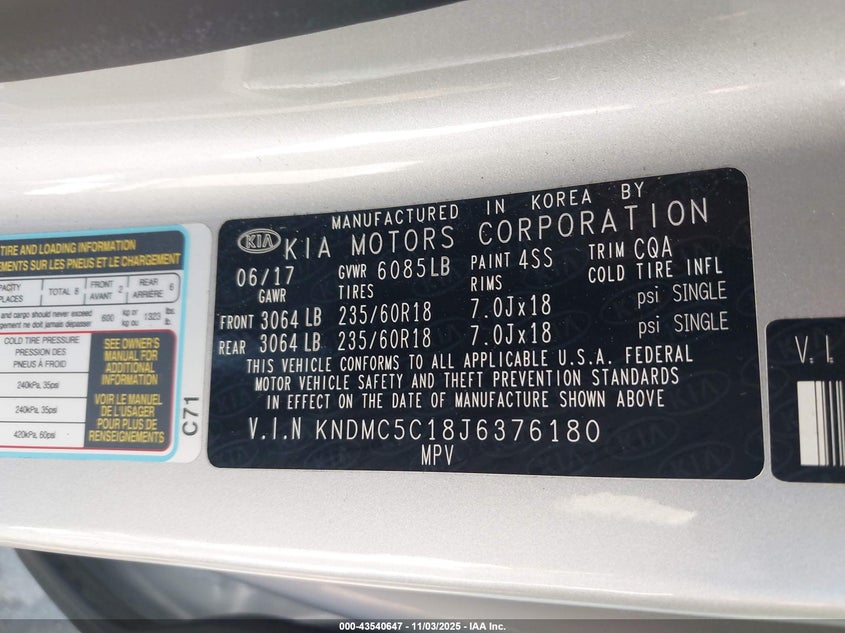 2018 Kia Sedona Ex VIN: KNDMC5C18J6376180 Lot: 43540647