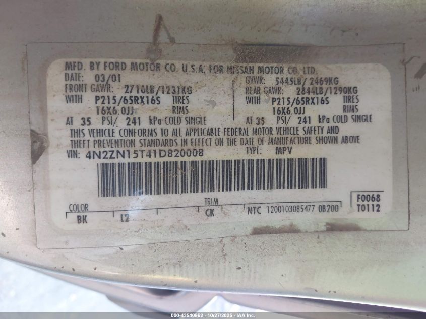 2001 Nissan Quest Gxe VIN: 4N2ZN15T41D820008 Lot: 43540662