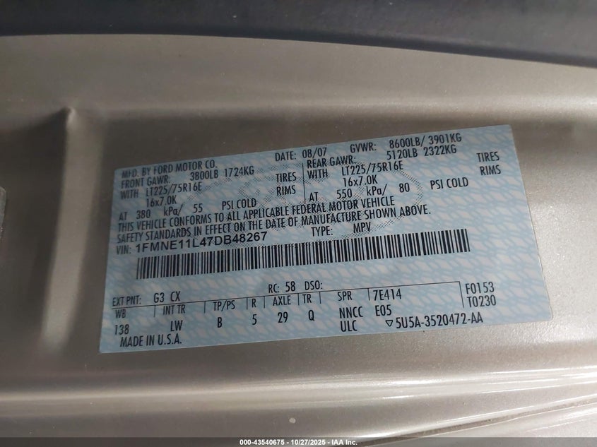 2007 Ford E-150 Chateau/Xl/Xlt VIN: 1FMNE11L47DB48267 Lot: 43540675