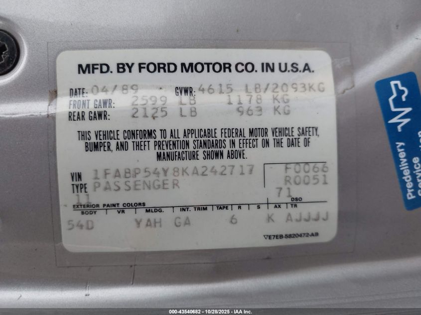 1989 Ford Taurus Sho VIN: 1FABP54Y8KA242717 Lot: 43540682