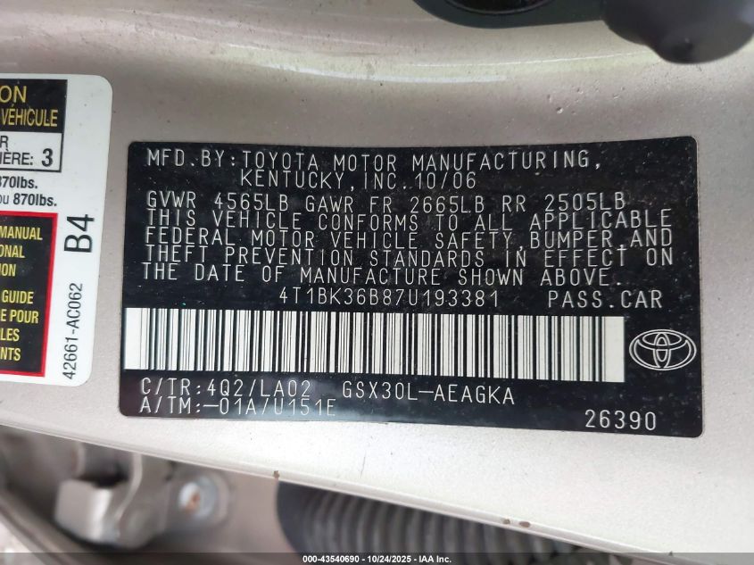 2007 Toyota Avalon Xls VIN: 4T1BK36B87U193381 Lot: 43540690