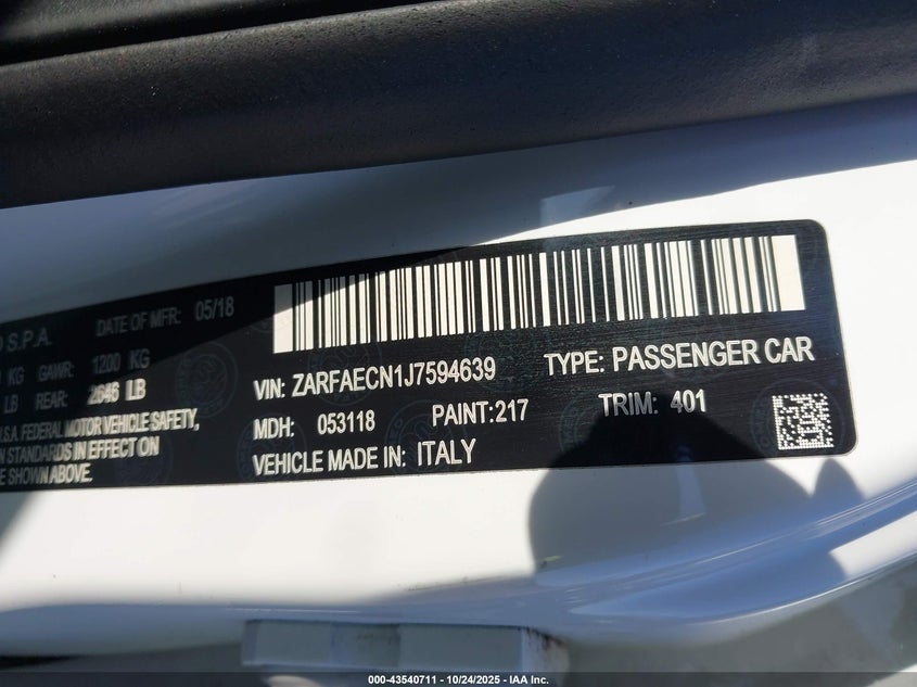 2018 ALFA ROMEO GIULIA TI SPORT RWD ZARFAECN1J7594639