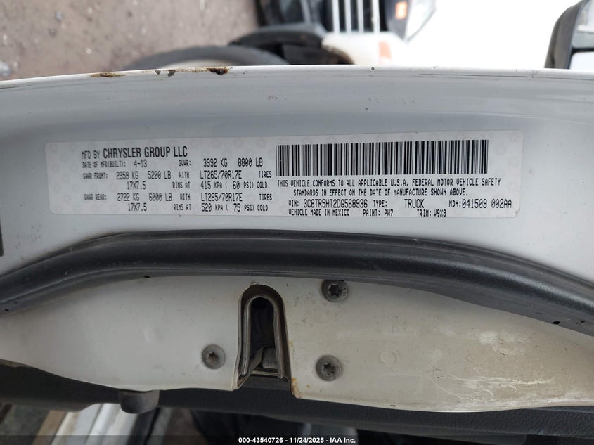 2013 Ram 2500 Tradesman VIN: 3C6TR5HT2DG568936 Lot: 43540726