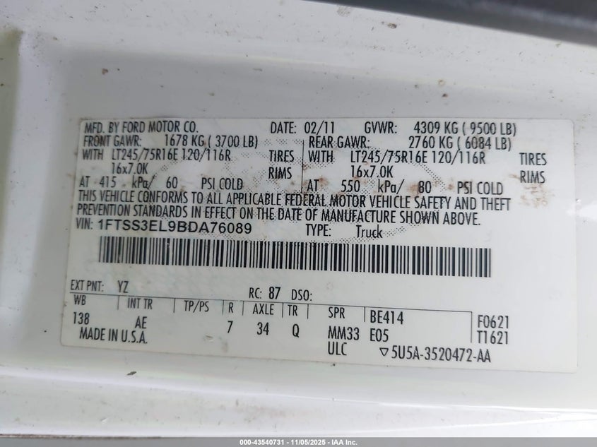 2011 Ford E-350 Super Duty Commercial VIN: 1FTSS3EL9BDA76089 Lot: 43540731
