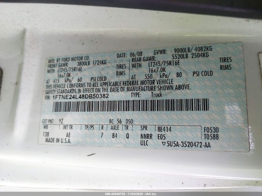 2008 Ford E-250 Commercial/Recreational VIN: 1FTNE24L48DB50382 Lot: 43540735