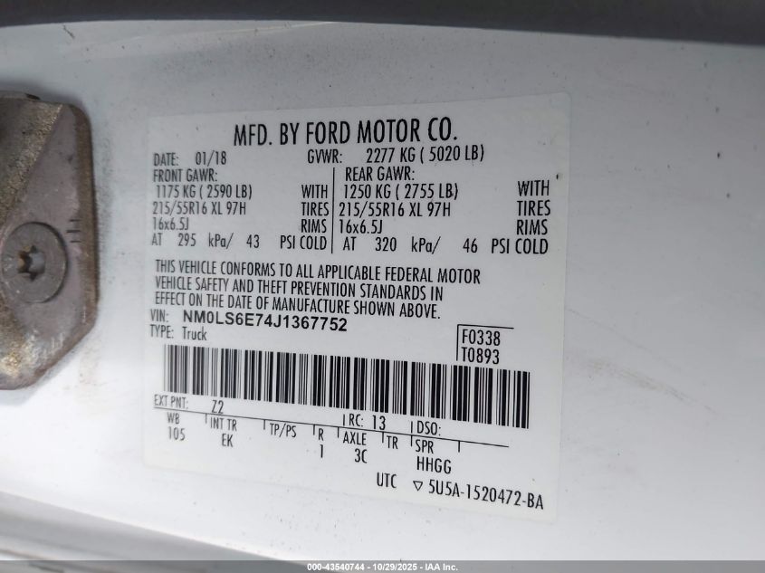 2018 Ford Transit Connect Xl VIN: NM0LS6E74J1367752 Lot: 43540744