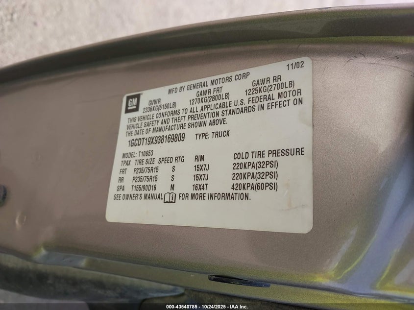 2003 Chevrolet S-10 Ls VIN: 1GCDT19X938169809 Lot: 43540785