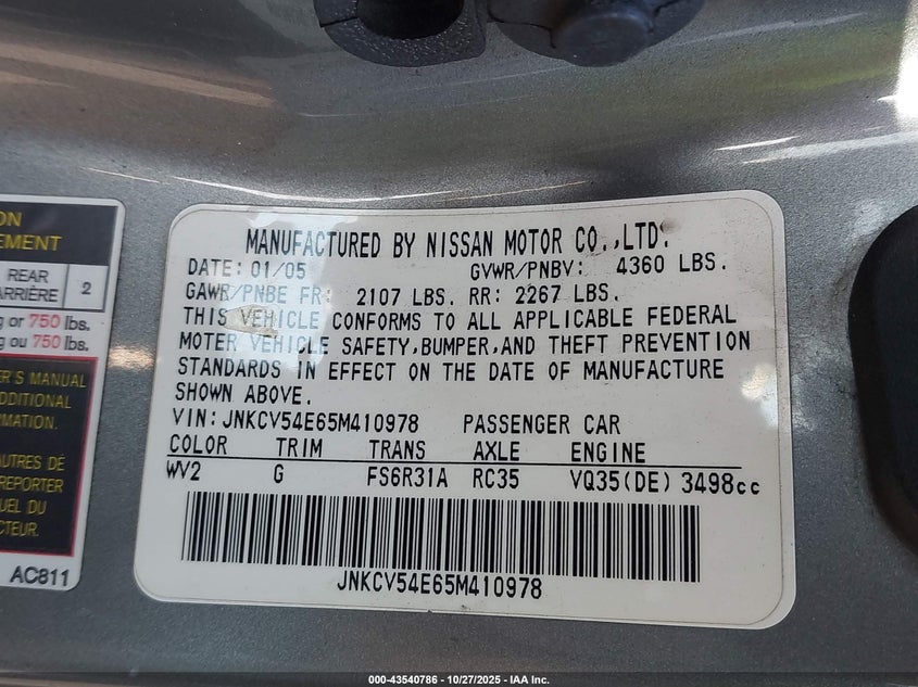 2005 Infiniti G35 VIN: JNKCV54E65M410978 Lot: 43540786