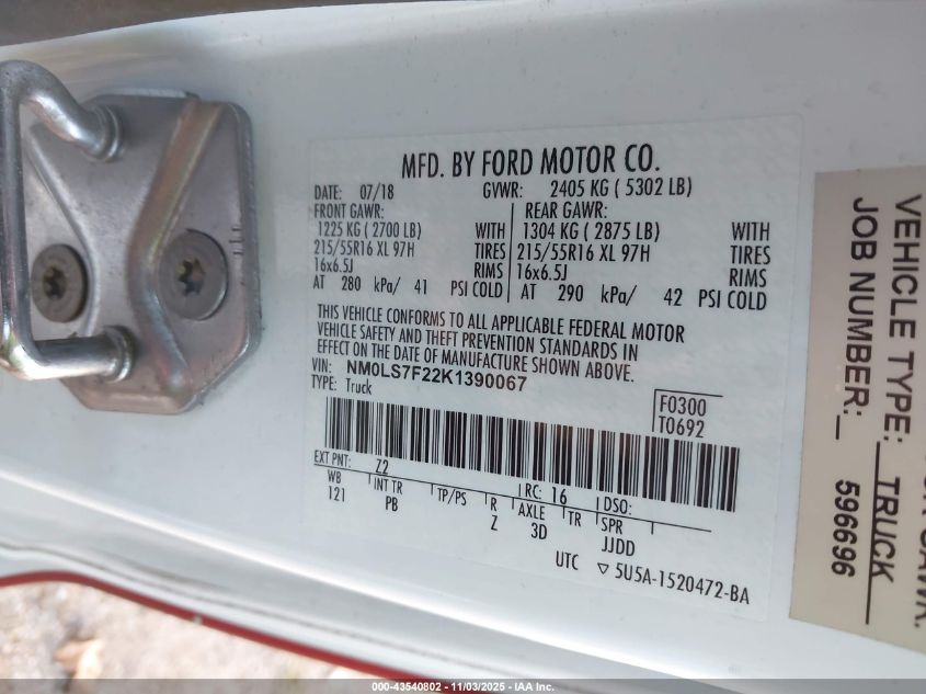 2019 Ford Transit Connect Xlt VIN: NM0LS7F22K1390067 Lot: 43540802