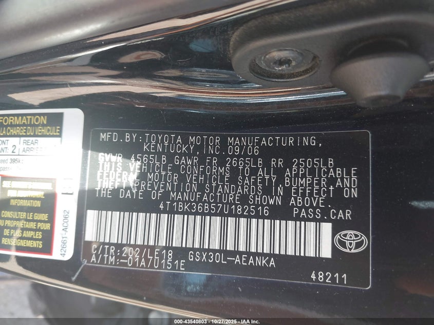 2007 Toyota Avalon Touring VIN: 4T1BK36B57U182516 Lot: 43540803