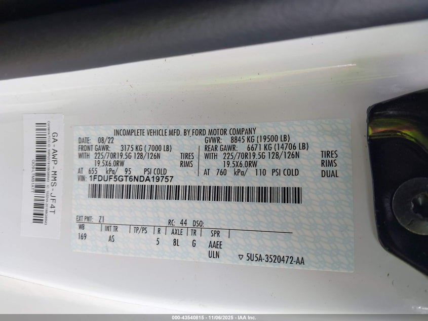 2022 Ford F-550 Chassis Xl VIN: 1FDUF5GT6NDA19757 Lot: 43540815