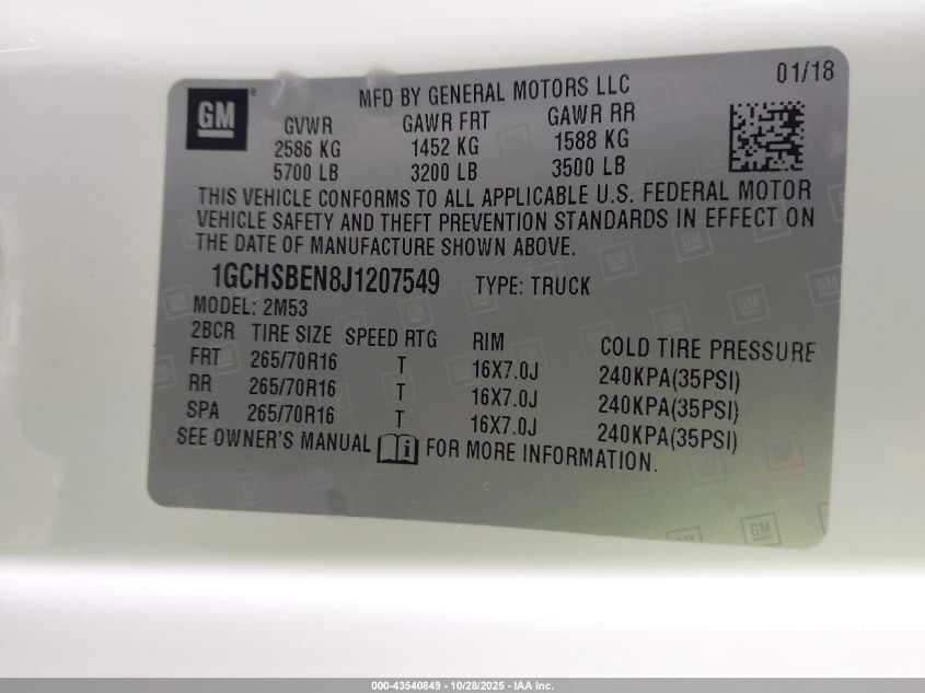 2018 Chevrolet Colorado Wt VIN: 1GCHSBEN8J1207549 Lot: 43540849