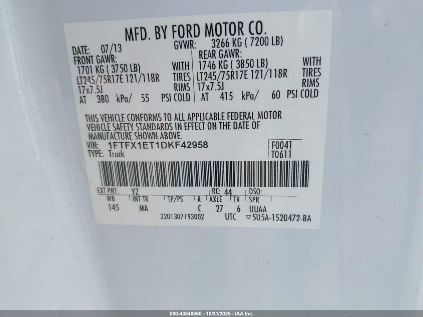 2013 Ford F-150 Xlt VIN: 1FTFX1ET1DKF42958 Lot: 43540860