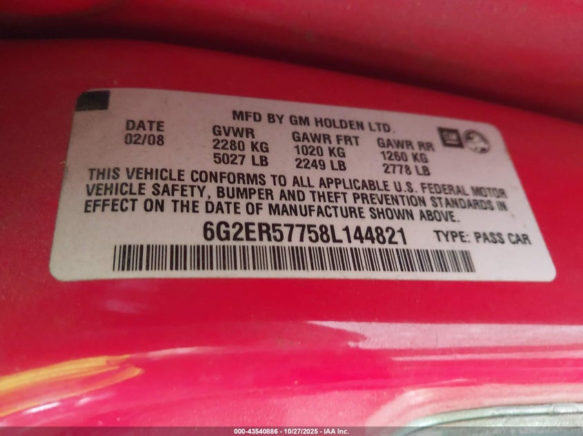 2008 Pontiac G8 VIN: 6G2ER57758L144821 Lot: 43540886