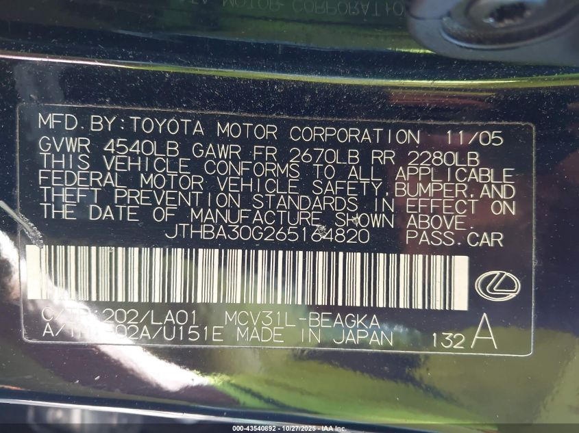 2006 Lexus Es 330 VIN: JTHBA30G265164820 Lot: 43540892