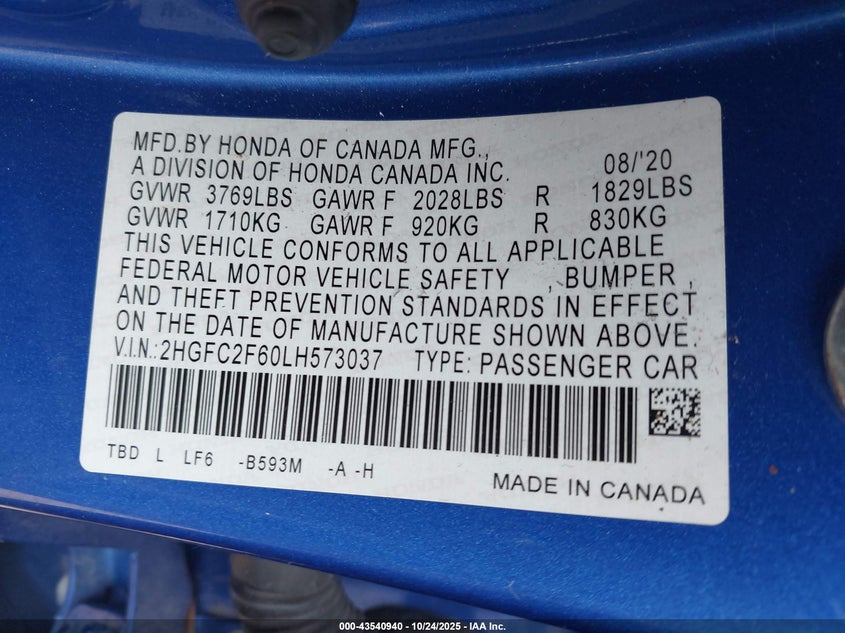 2020 HONDA CIVIC LX 2HGFC2F60LH573037