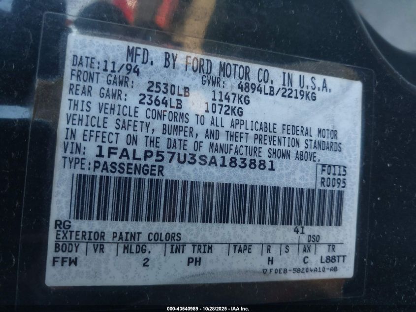 1995 Ford Taurus Gl VIN: 1FALP57U3SA183881 Lot: 43540989