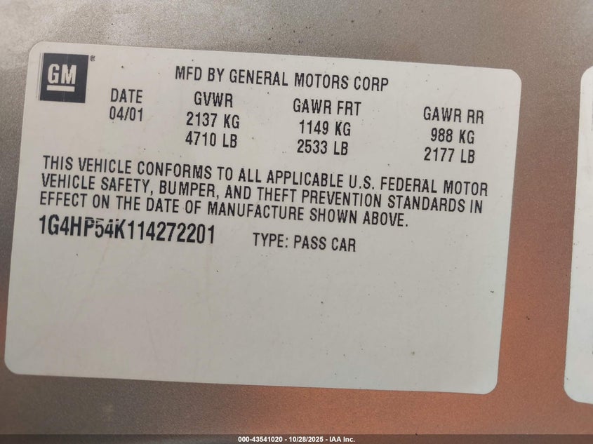 2001 Buick Lesabre Custom VIN: 1G4HP54K114272201 Lot: 43541020