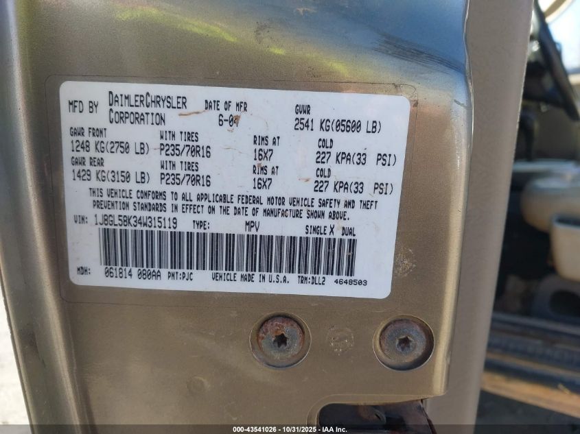 2004 Jeep Liberty Limited Edition VIN: 1J8GL58K34W315119 Lot: 43541026