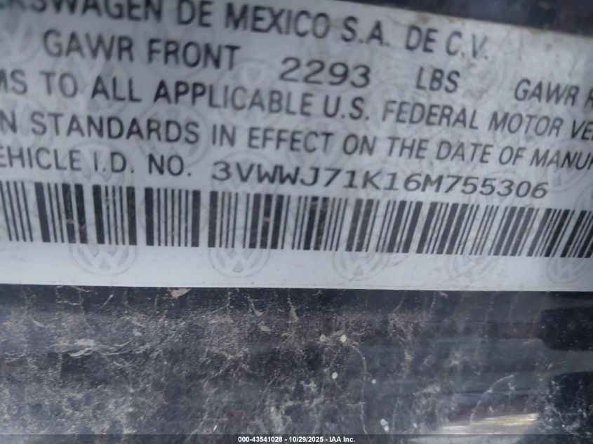 2006 Volkswagen Jetta Gli VIN: 3VWWJ71K16M755306 Lot: 43541028