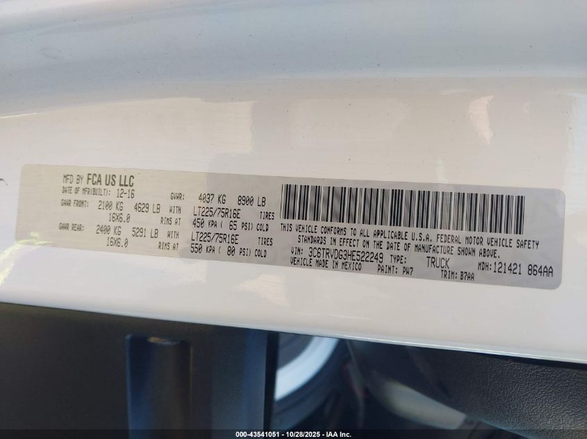 2017 Ram Promaster 2500 VIN: 3C6TRVDG3HE522249 Lot: 43541051