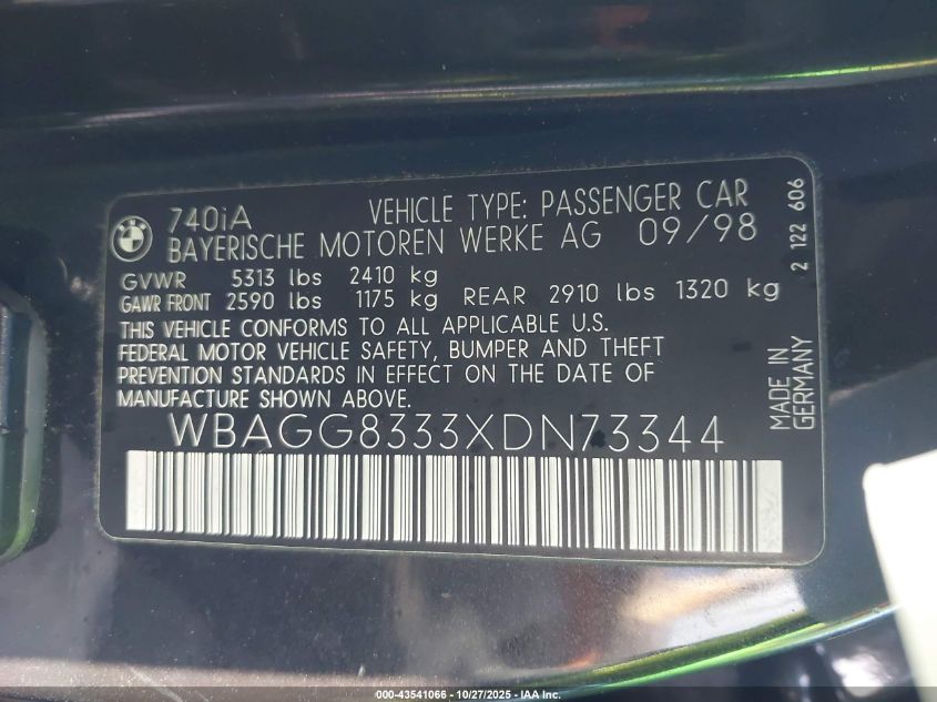 1999 BMW 740Ia VIN: WBAGG8333XDN73344 Lot: 43541066