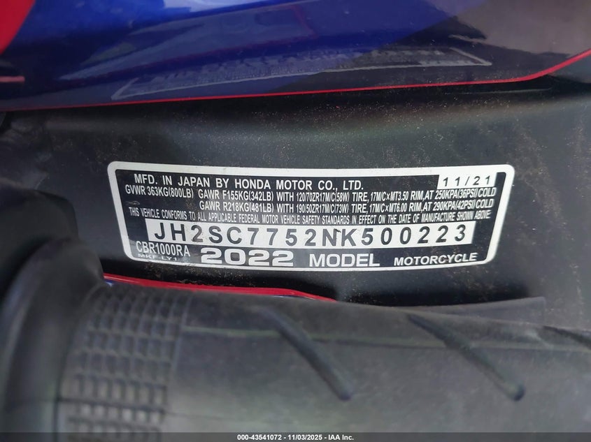 2022 Honda Cbr1000 Ra VIN: JH2SC7752NK500223 Lot: 43541072