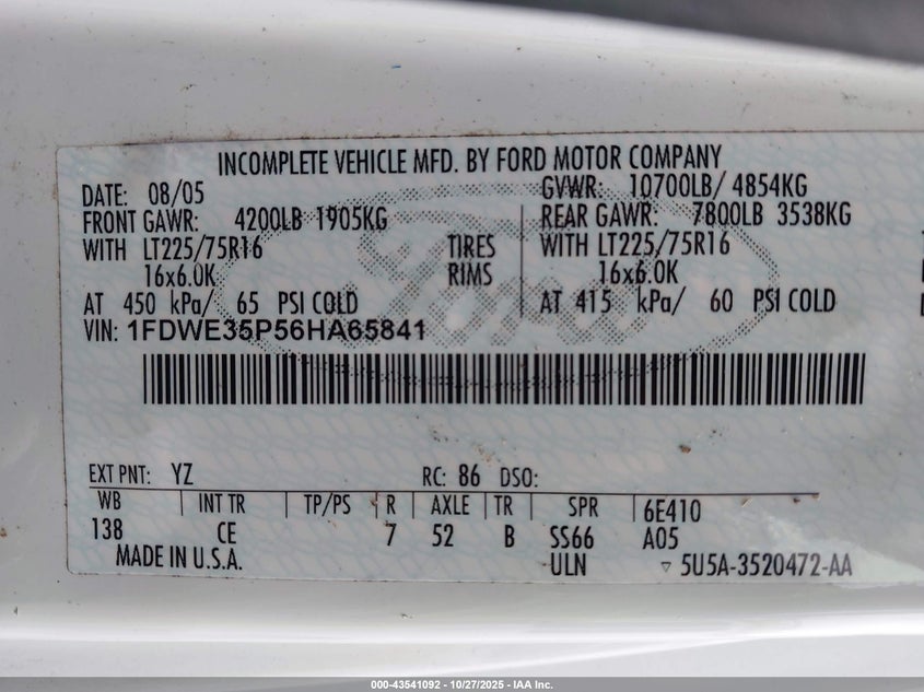 2006 Ford E-350 Cutaway VIN: 1FDWE35P56HA65841 Lot: 43541092