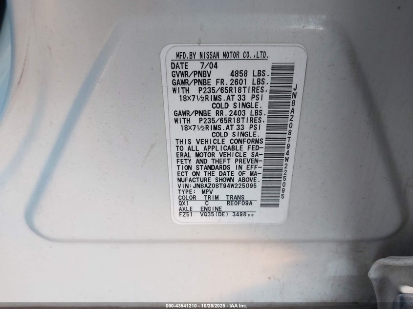 2004 Nissan Murano Sl VIN: JN8AZ08T94W225095 Lot: 43541210