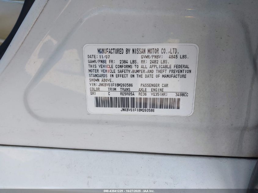 2008 Infiniti G35X VIN: JNKBV61F18M260586 Lot: 43541229