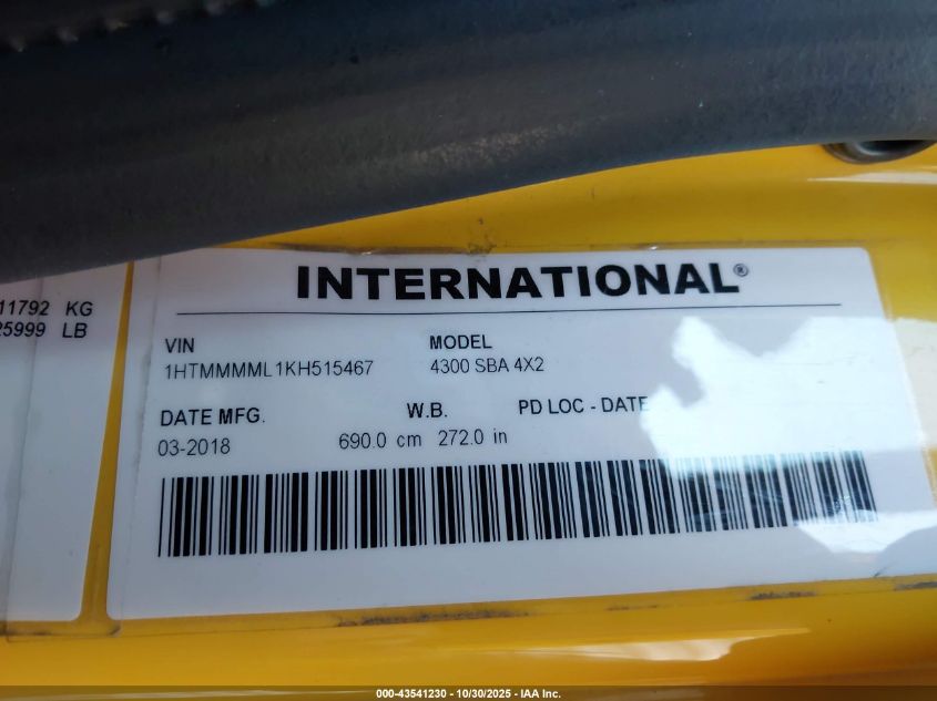 2019 International Durastar 4300 VIN: 1HTMMMML1KH515467 Lot: 43541230