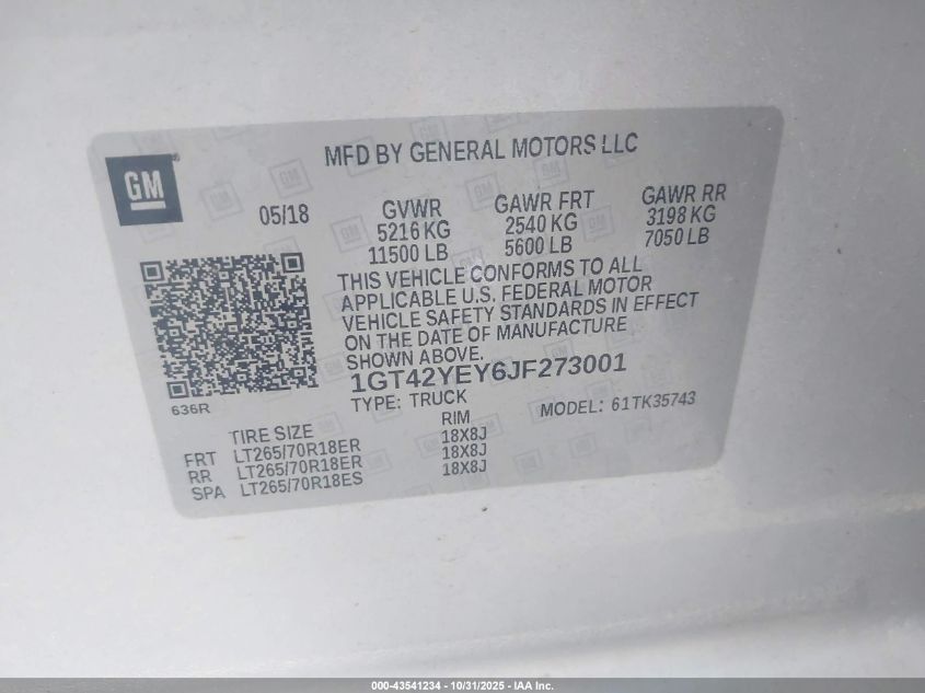 2018 GMC Sierra 3500Hd Denali VIN: 1GT42YEY6JF273001 Lot: 43541234