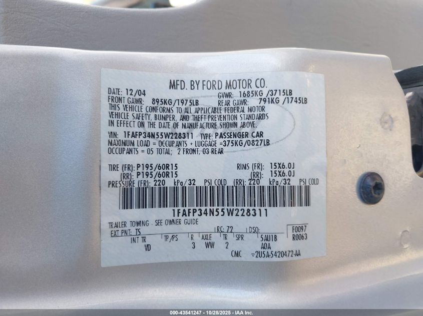 2005 Ford Focus Zx4 VIN: 1FAFP34N55W228311 Lot: 43541247