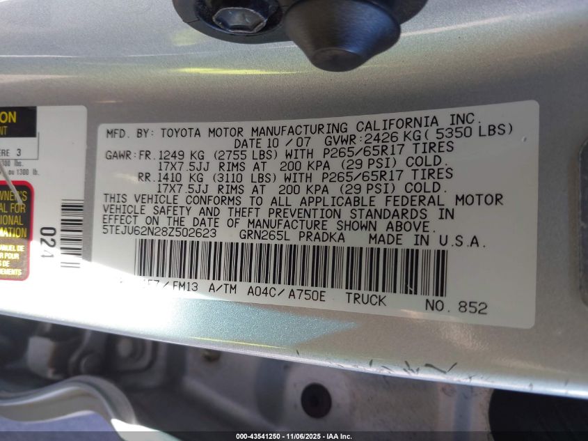 2008 Toyota Tacoma Prerunner V6 VIN: 5TEJU62N28Z502623 Lot: 43541250