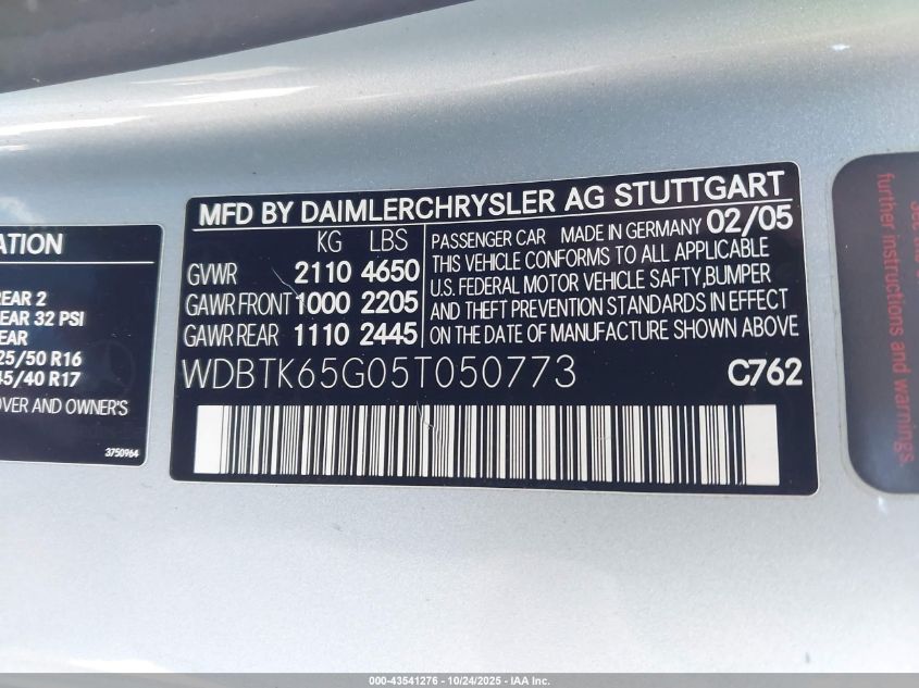 2005 Mercedes-Benz Clk 320 VIN: WDBTK65G05T050773 Lot: 43541276