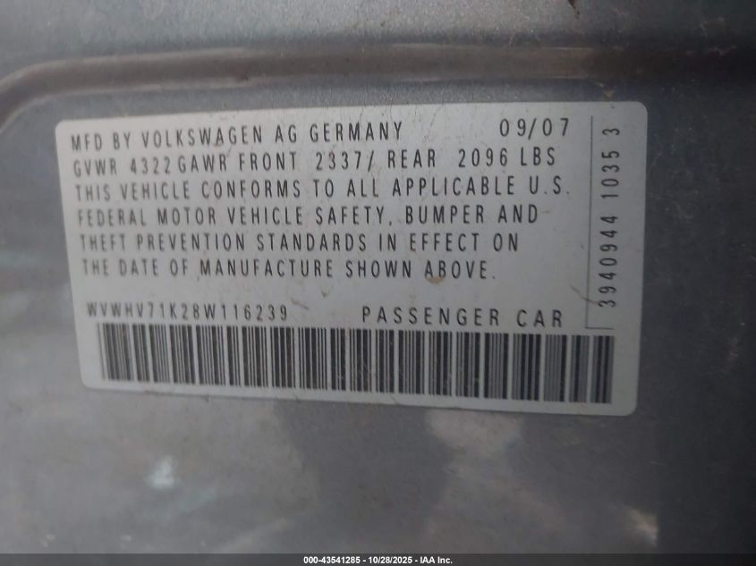 2008 Volkswagen Gti 4-Door VIN: WVWHV71K28W116239 Lot: 43541285
