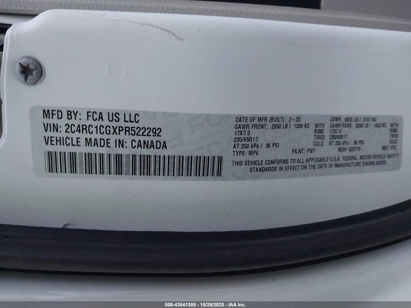 2023 Chrysler Voyager Lx VIN: 2C4RC1CGXPR522292 Lot: 43541308